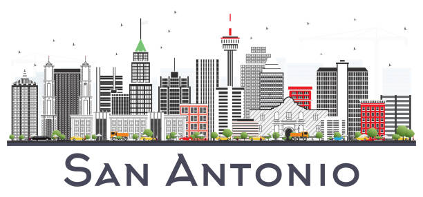ilustraciones, imágenes clip art, dibujos animados e iconos de stock de san antonio texas city skyline gris edificios aislados en blanco. - san antonio