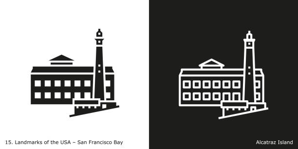 San Francisco Bay - Alcatraz Island Famous American landmark icon in line and glyph style alcaraz stock illustrations