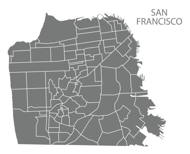 San Francisco city map with neighbourhoods grey illustration silhouette shape San Francisco city map with neighbourhoods grey illustration silhouette shape san francisco stock illustrations