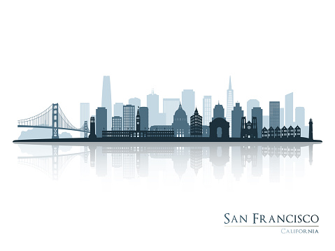 San Francisco skyline silhouette with reflection. Landscape San Francisco, California. Vector illustration.
