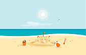 Lonely sand castle on sandy beach with blue sea ocean water and coast line clear summer sunny sky in background. Kid toys left on sand on holiday. Minimalist cartoon style flat vector illustration.