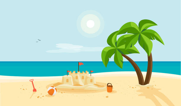 stockillustraties, clipart, cartoons en iconen met zandkasteel op zandstrand met blauwe zeeoceaan en heldere zonnige hemel van de zomer - beach