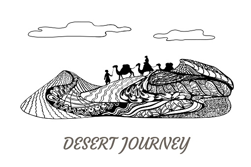 Sand dune journey on camels. Zenart,  vector design, desert travel concept art