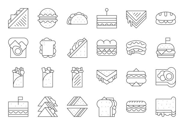Sandwich, burger and shawarma, outline icon Sandwich, burger and shawarma, outline icon sandwich icons stock illustrations