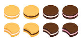 Set of sandwich cookies, vanilla and chocolate, with different filling. Bite showing cross section. Simple cartoon vector illustration.