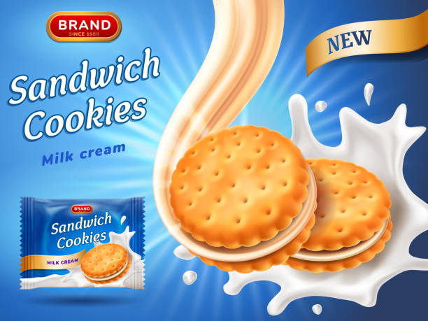 Sandwich cookies ads. Delicious vanilla cream flow. Cracker drop in milk splash. Package design template. Blue background with glowing effect. Food and sweets, baking theme. Vector 3d illustration Sandwich cookies ads. Delicious vanilla cream flow. Cracker drop in milk splash. Package design template. Blue background with glowing effect. Food and sweets, baking theme. Vector 3d illustration. sandwich designs stock illustrations