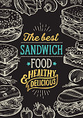 Sandwich illustration - bagel, snack, hamburger for restaurant