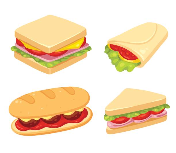 Sandwich illustration set Set of 4 sandwiches. Meatball sub, wrap and traditional ham and cheese on toast. Vector clip art illustration set. sandwich stock illustrations