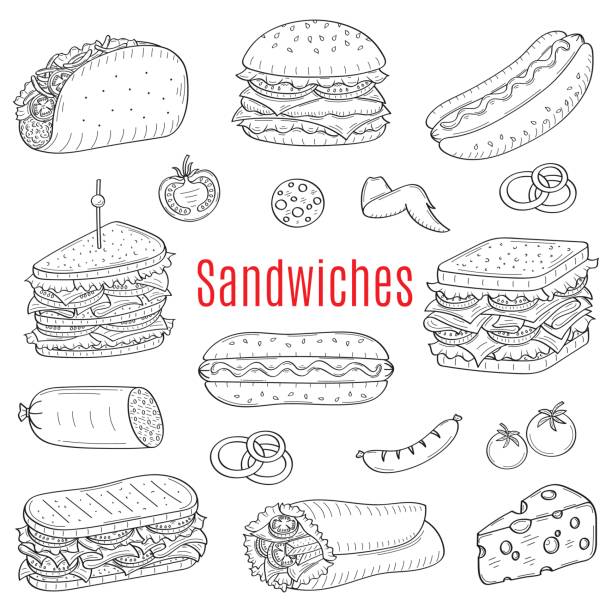 Sandwich set, vector sketch illustration Vector hand drawn illustration of different types of sandwiches, burger, hot dog, club sandwich, taco, hamburger, panini, wrap sandwich isolated on white background, , sketch style. sandwich icons stock illustrations