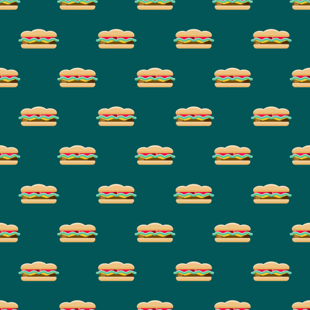 Sandwich Street Food Seamless Pattern A seamless pattern created from a single flat design icon, which can be tiled on all sides. File is built in the CMYK color space for optimal printing and can easily be converted to RGB. No gradients or transparencies used, the shapes have been placed into a clipping mask. sandwich designs stock illustrations