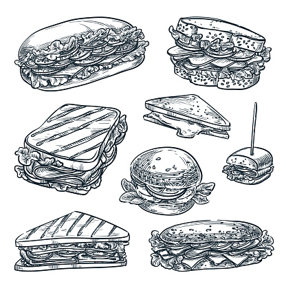 Sandwiches isolated set. Fast food snacks vector sketch illustration. Cafe lunch menu hand drawn vintage design elements