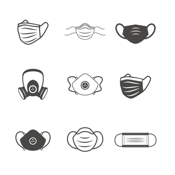 sanitacja i ochrona maska ppe ikona ustawiona w maski oddechowe twarzy - n95 mask stock illustrations