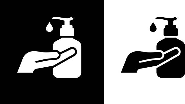 Sanitizer Liquid Hand Soap Icon Sanitizer Liquid Hand Soap Icon. This 100% royalty free vector illustration is featuring the square button and the main icon is depicted in black and in white with a black icon on it. disinfection stock illustrations