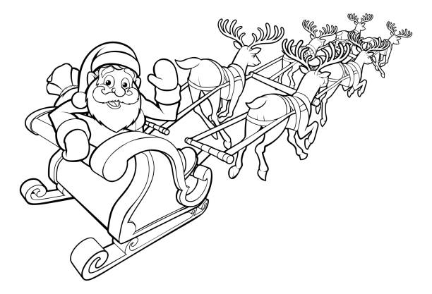 Santa and his Flying Sleigh and Reindeer An illustration of Santa Claus and his flying Christmas sleigh and reindeer christmas coloring stock illustrations