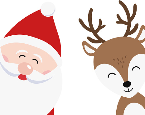✓ Imagen de Santa y renos lindo dibujos animados con saludo de fondo blanco  aislado. Tarjeta de Navidad Fotografía de Stock