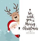 Santa and reindeer cute cartoon with greeting behind white banner winter landscape background. Christmas card