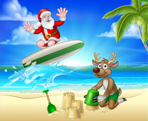 santa christmas SURF 2018 A2-03 Santa Claus surfing on his surfboard with his reindeer on a tropical beach making sand castles with palm trees and parrot Christmas cartoon sign background. atlantic islands stock illustrations