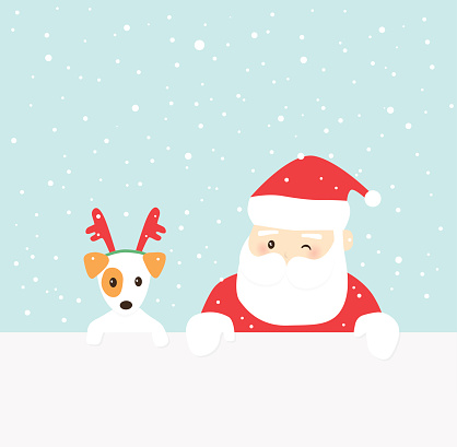 Santa Claus and dog holding a banner