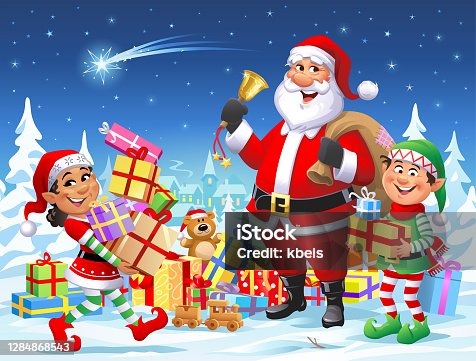 istock Santa Claus And Elves Wishing A Merry Christmas 1284868543