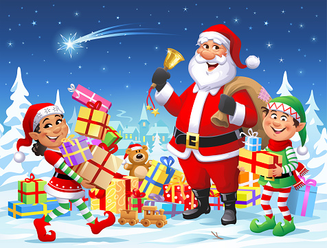 Santa Claus And Elves Wishing A Merry Christmas