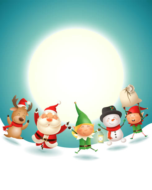 Santa Claus and friends celebrate Christmas holidays - winter landscape at moonlight - vector illustration Santa Claus and friends celebrate Christmas holidays - winter landscape at moonlight - vector illustration elf stock illustrations