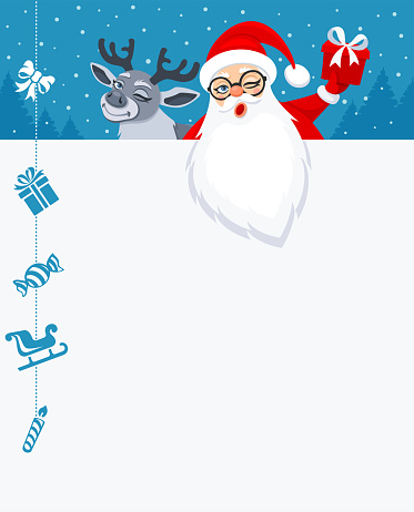 Santa Claus and his Reindeer. Christmas party poster.