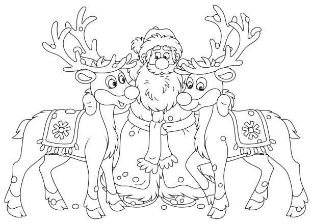 Santa Claus and magic reindeer Old magician smiling and embracing his amazing magical deer, black and white outline vector cartoon illustration for a coloring book page christmas coloring stock illustrations