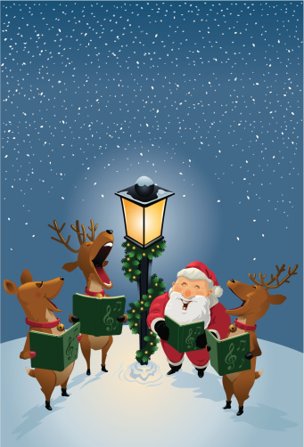 Santa Claus and Reindeer Singing Christmas Carols by Lamp Post