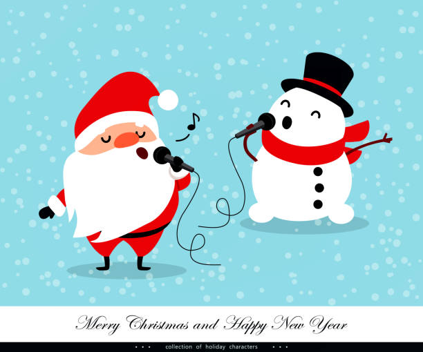 stockillustraties, clipart, cartoons en iconen met santa claus en snowman zingen. emotionele kerstmis en nieuwjaar tekens. humoristische xmas collectie. vectorillustratie - karaoke