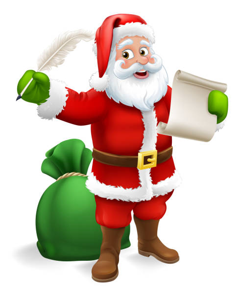 Santa Claus Checking Christmas Gift List Cartoon Santa Claus checking Christmas naughty or nice gift list or writing letter to child cartoon scene writing activity clipart stock illustrations