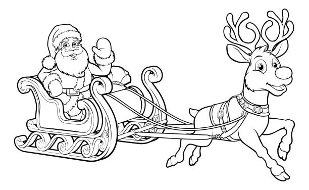 Santa Claus Christmas Fling Sleigh Sled Reindee Santa Claus and his flying Christmas sleigh sled and reindeer christmas coloring stock illustrations