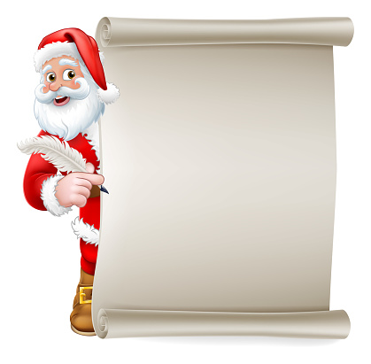 Santa Claus cartoon character peeking around a scroll sign holding a quill pen. Christmas gift, naughty and nice list or letter to Santa concept.