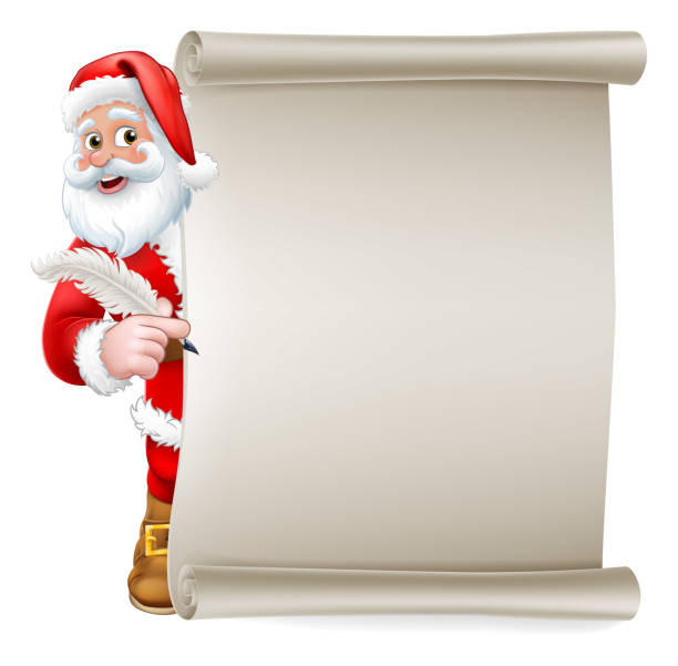 Santa Claus Christmas List Cartoon Santa Claus cartoon character peeking around a scroll sign holding a quill pen. Christmas gift, naughty and nice list or letter to Santa concept. cheerful stock illustrations