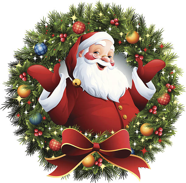 санта-клаус-рождественский венок - смотреть в объектив stock illustrations