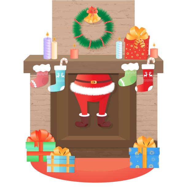 santa claus klettert aus dem kamin. weihnachts-dekoration. - nikolaus stiefel stock-grafiken, -clipart, -cartoons und -symbole
