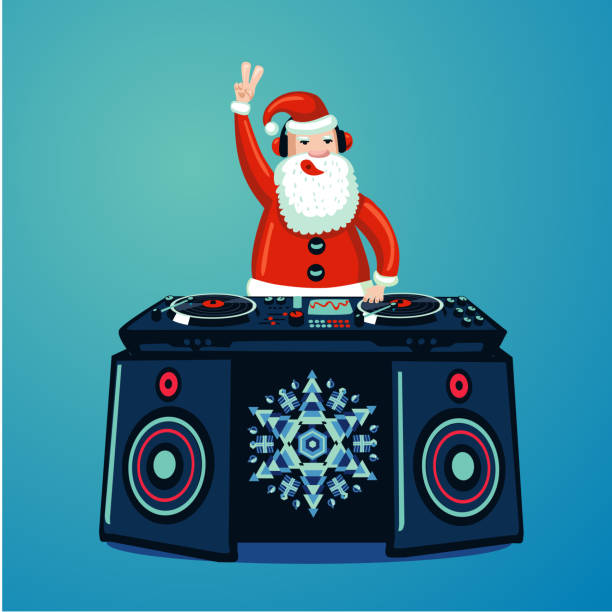 Santa Claus dj with vinyl turntable. Christmas music party poster. New Year nightclub music show Santa Claus dj with vinyl turntable. Christmas music party poster. New Year nightclub music show christmas music background stock illustrations