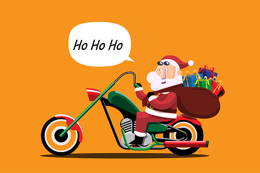 Santa Claus drives a motorcycle to deliver Christmas presents to children around the world.