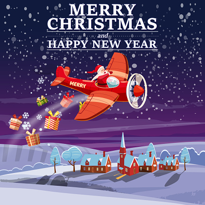 Santa Claus flying on vintage plane, delivering gift boxes, night city background. Christmas poster, banner retro cartoon style illustration