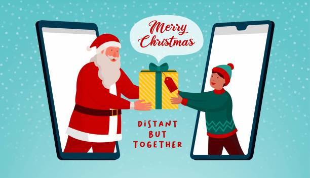 ilustrações de stock, clip art, desenhos animados e ícones de santa claus giving a virtual gift to a boy for christmas - smartphone christmas