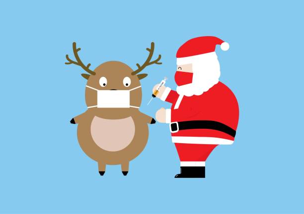 Santa Claus giving covid-19 vaccine to reindeer vector art illustration