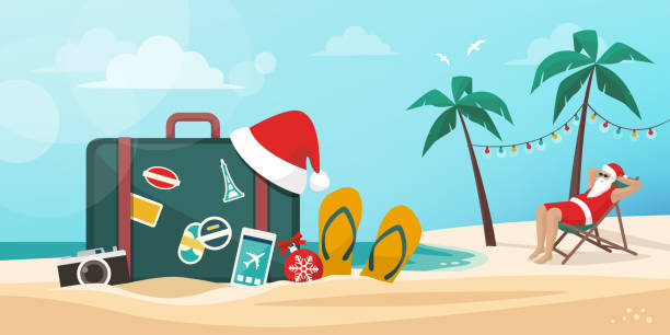 ilustrações de stock, clip art, desenhos animados e ícones de santa claus having a vacation on the beach - smartphone christmas