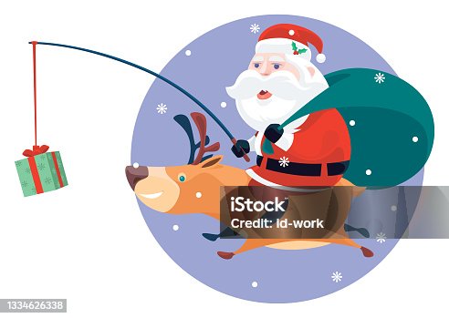 istock Santa Claus holding Christmas present and riding reindeer 1334626338