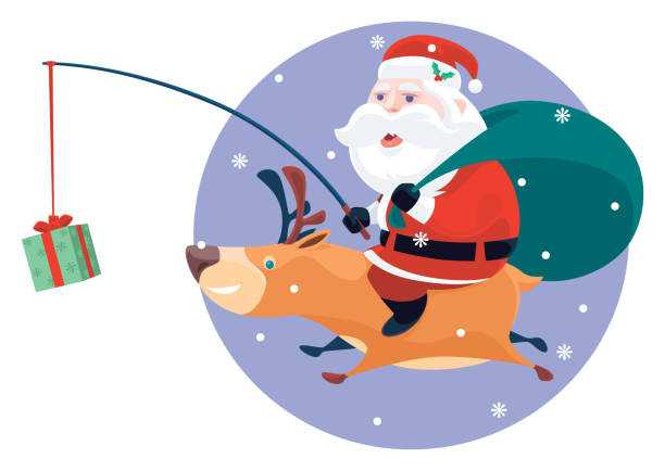 stockillustraties, clipart, cartoons en iconen met santa claus holding christmas present and riding reindeer - piggyback funny