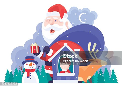 istock Santa Claus holding Christmas present standing behind house and kid 1337222392