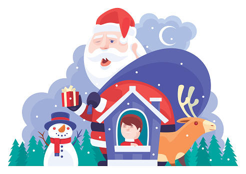 Santa Claus holding Christmas present standing behind house and kid