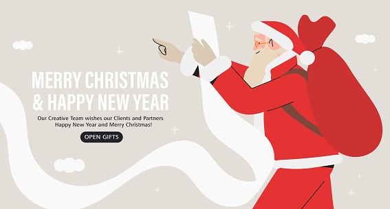 Santa Claus holding long gift wish list. Winter holidays, Christmas and New year sale or market concept. Santa character choose presents banner, advertisment, website or social media greeting.