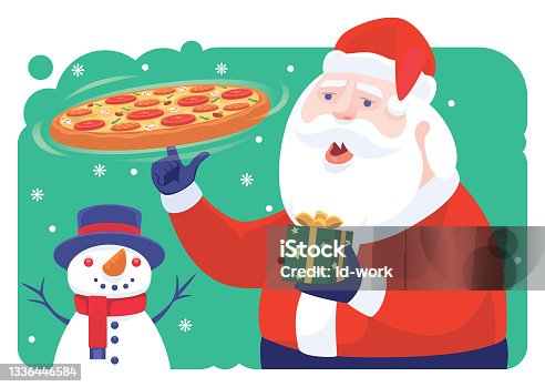 istock Santa Claus holding pizza and Christmas present 1336446584