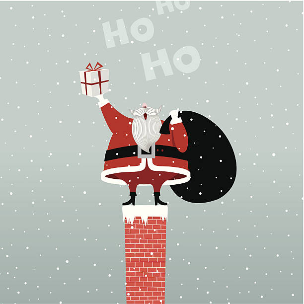 stockillustraties, clipart, cartoons en iconen met santa claus in chimney retro gift present illustration vector myillo - christmas funny