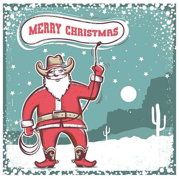 weihnachtsmann in cowboystiefeln, die ein lasso wirbeln - nikolaus stiefel stock-grafiken, -clipart, -cartoons und -symbole