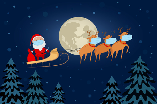 Santa Claus in medical mask flying on reindeer sleigh above forest. Cartoon. Vector illustration